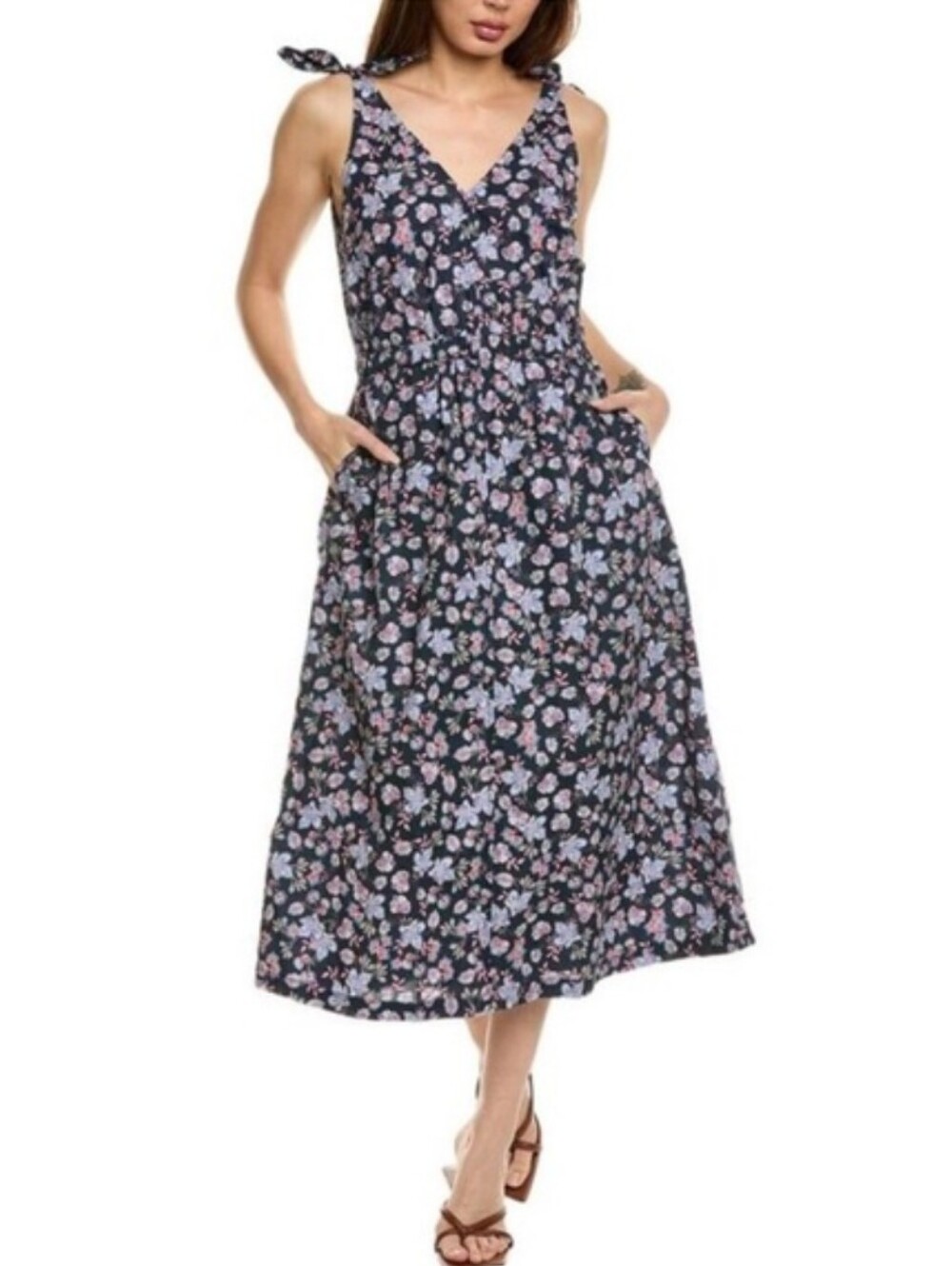 Nation LTD | Marcela Navy Floral Tie Shoulder Cotton Midi Sundress Pockets M